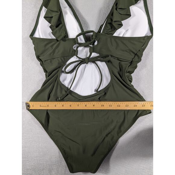 Cupshe Swim Suit Women's Large Dark Sage Green One Piece Ruffle Tie Closure NWT - Picture 10 of 12